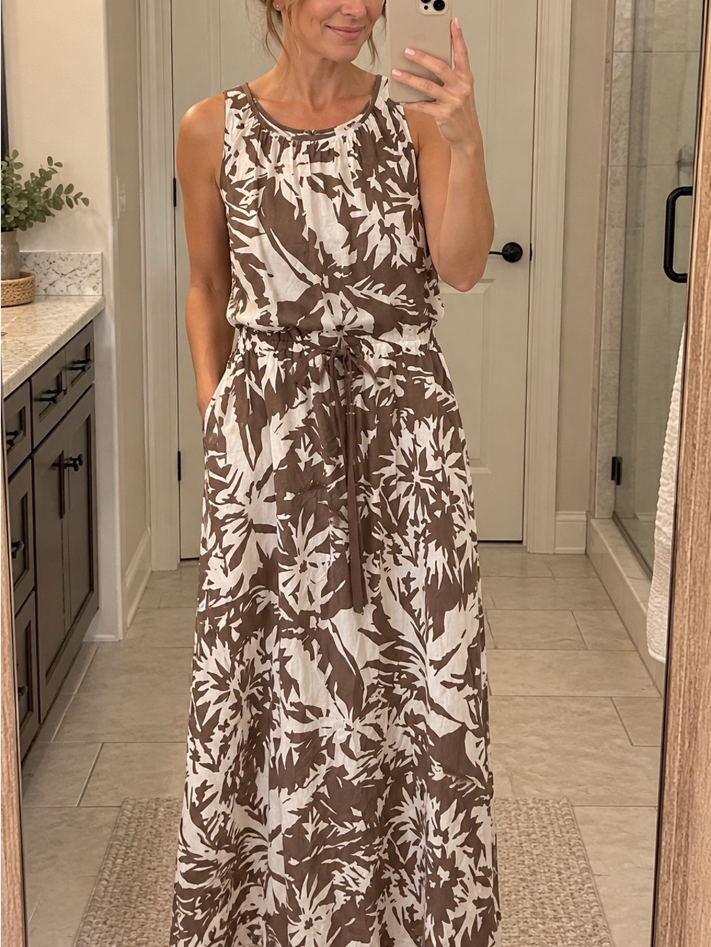 LOFT Brown and White Floral Drawstring Maxi Dress size 6